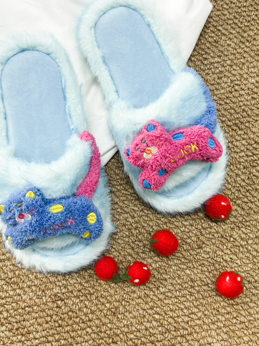 Blue Fluffy Home Cotton Slippers Women 2024 New Cat Cartoon Warm Footwear Fashion Toe Sole Slippers Indoor Flat Shoes Sandals