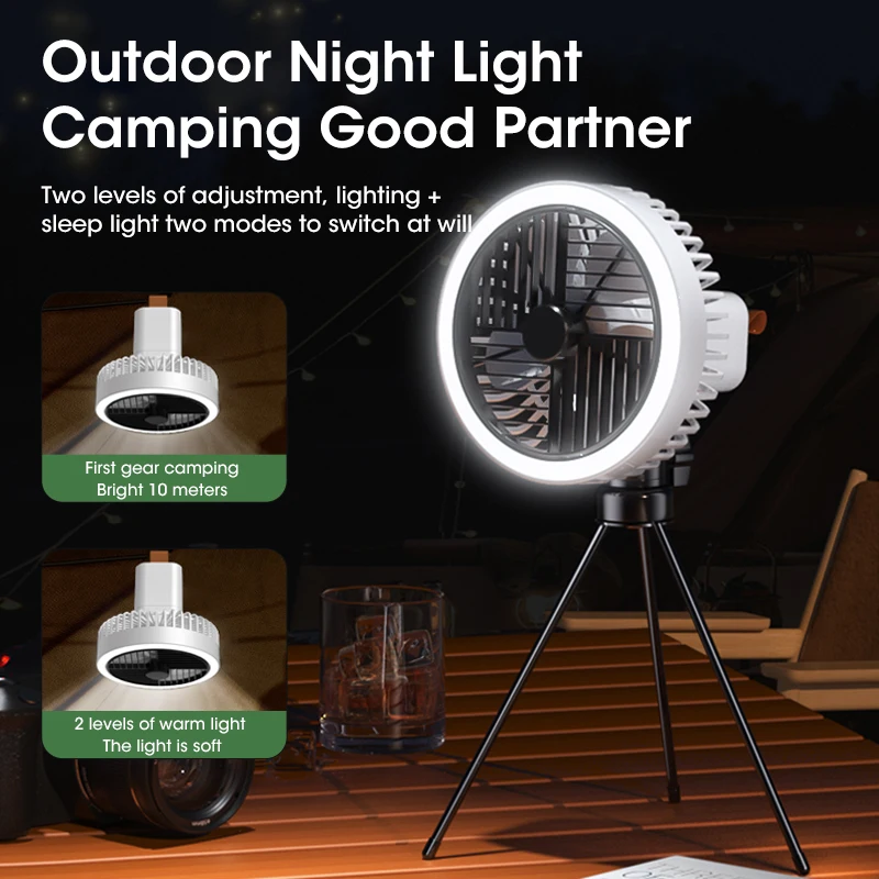 

Camping Fan 10000mAh Rechargeable Desktop For Outdoors Home Wireless Ceiling Portable Electric Fan With Night Light Tripod Fan