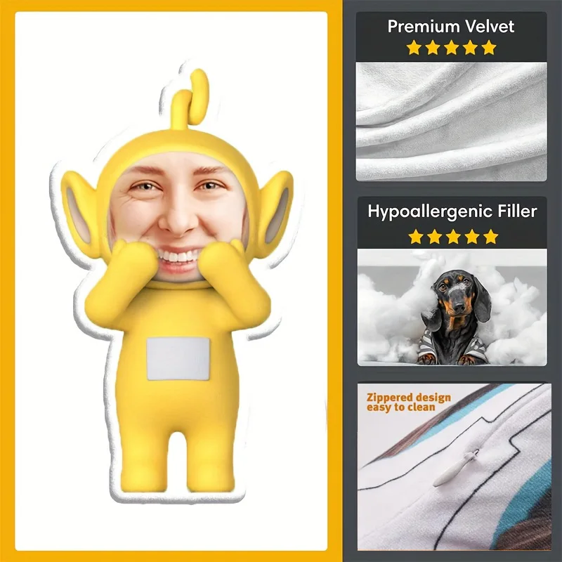 Anpassbares Plüsch-Cartoon-Puppenkissen mit Persönlichem Foto-Gesichtsdesign, Fröhliche Gelbe Charaktere, Ausdrucksstarke Augen und Lächeln – Detail 2