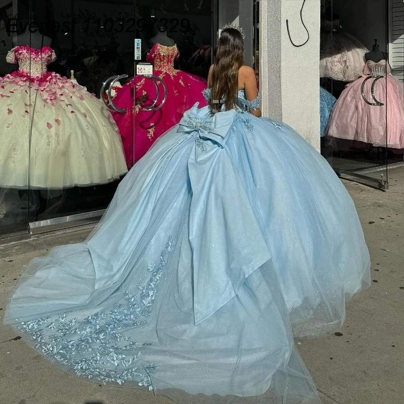 EVLAST abito Quinceanera blu lucido abito da ballo paillettes Applique in pizzo perline con fiocco con spalle scoperte dolce 16 Vestido De 15 Anos TQD405