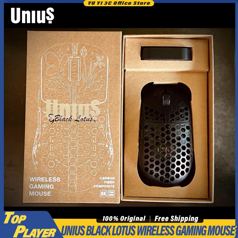 

Unius Black Lotus Gaming Mouse PAW3950 E-sport Sensor Full Power Boost 8kHz Polling Rate Dongle 2.4G Wireless Low Latency
