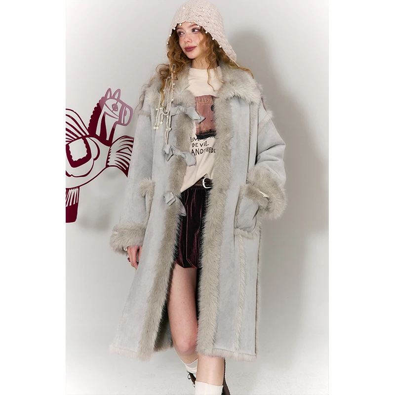 ELFSACK Women's Vintage Long Suede Coat with Faux Fur Trim & Bow Detail, Retro Warm Outerwear