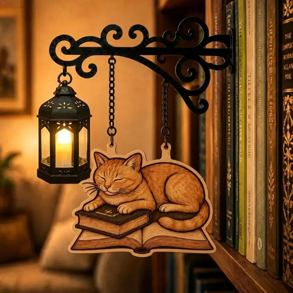 Vintage Wooden Hanging Decoration Sleeping Cat Lying On Books With Lantern Ornament For Study Bookshelf Indoor Wall Art Decor