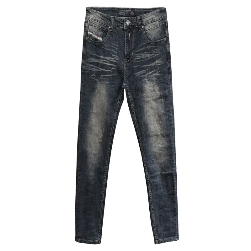 Fashion Vintage Men Jeans Retro Black Blue Elastic Stretch Slim Ripped Jeans Men Distressed Washed Designer Denim Pants Hombre