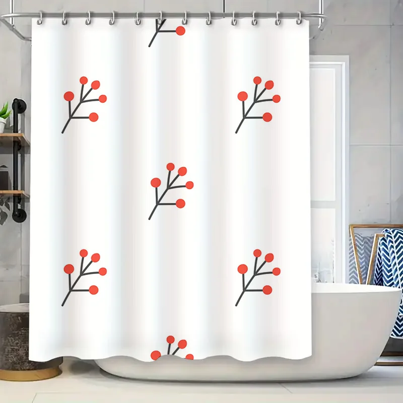 

Stylish Bath Curtain Modern Decorative Shower Panel Printing Red Berries White Fabric Waterproof Bathtub Door Privacy Rod Pocket
