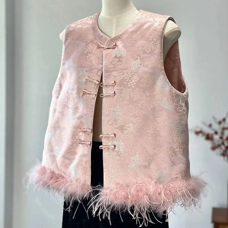 

Весенне-осенний розовый жилет на пуговицах в виде лягушки, женский жилет без рукавов в китайском стиле, модные жаккардовые шелковые майки