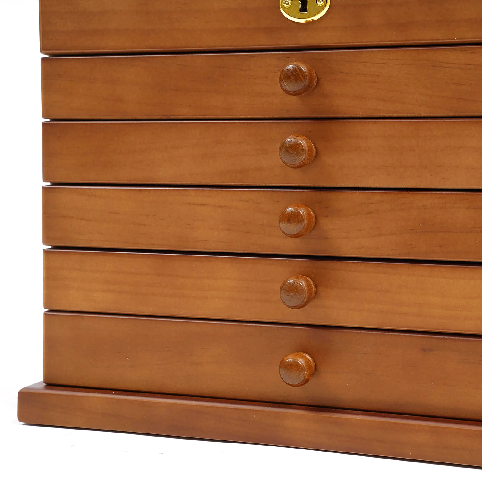 6-lagige braune Schmuckschatulle aus Holz, 29,5 x 18,5 x 25 cm, mit Spiegel-Sicherheitsriegel, zum Aufbewahren von Anhängern, Armbändern, Broschen und Halsketten – Detail 7