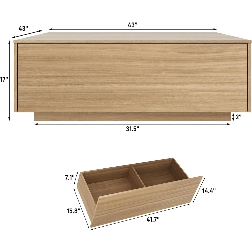 Modern Large Square Coffee Table with Storage, 2 Drawers, Light Wood for Living Room