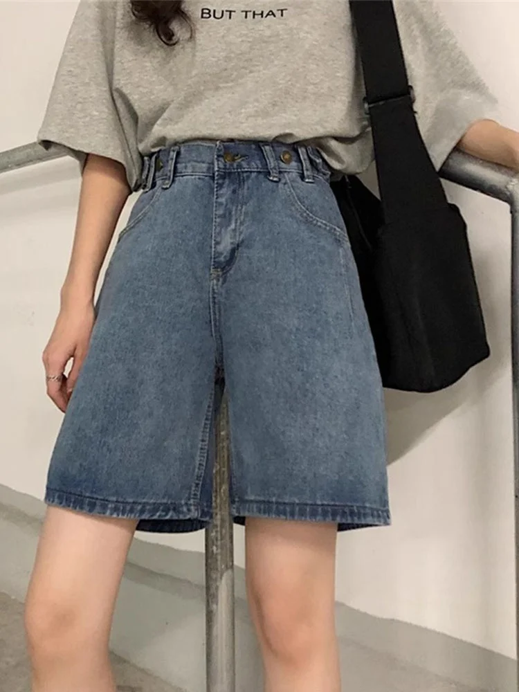 

Синие джинсы с высокой талией и широкими штанинами, женские повседневные брюки средней длины с высокой талией в стиле ретро, свободные брюки прямого кроя с пятью точками