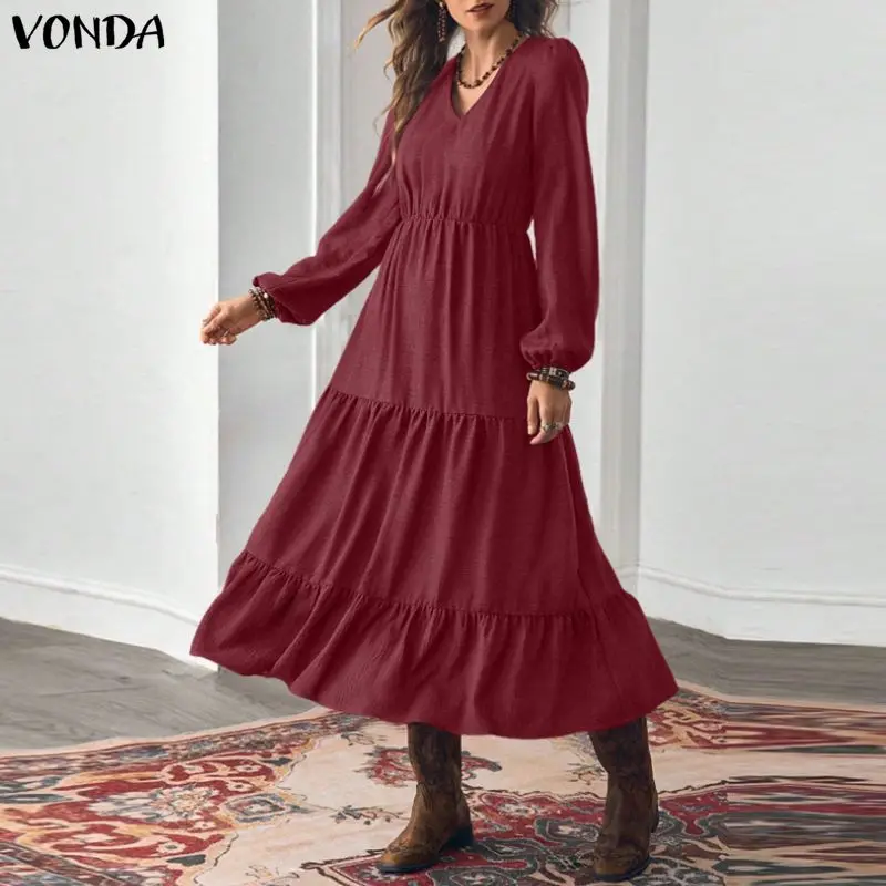 

Plus Size 5XL VONDA Women Puff Sleeve Long Dress Autumn V-Neck Solid Midi Vestidos 2026 Fashion Elegant Streetwear Ruffled Robe