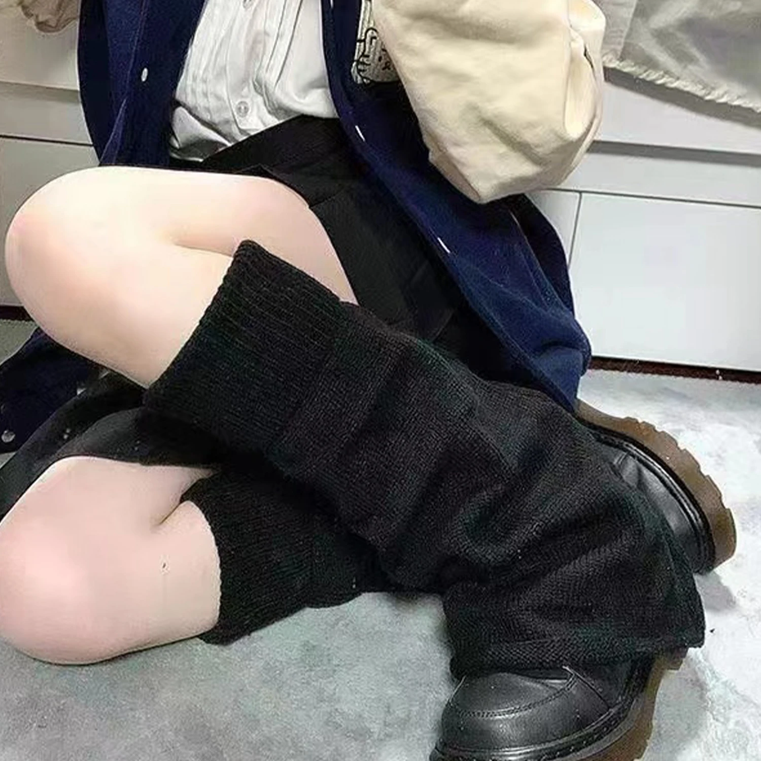 Gothic Damen Süße Y2k Einfarbig Dehnbarer Strumpf Harajuku Ausgestellte Beinwärmer Gestrickte Stiefel Abdeckung Jk Uniform Socken Leggings – Detail 5