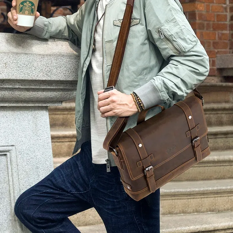 حقيبة كتف رجالية من الجلد الطبيعي، حقيبة رجالية من الجلد الطبيعي، حقيبة كتف كلاسيكية للرجال، حقيبة للكمبيوتر المحمول، حقيبة يد