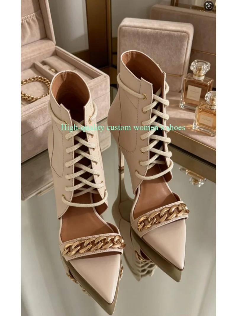 Instep Metal Chain Decoration Summer Ankle Boots Cross Straps Hollow Out Leather High-Heeled Sandals  Luxury Women's Shoes