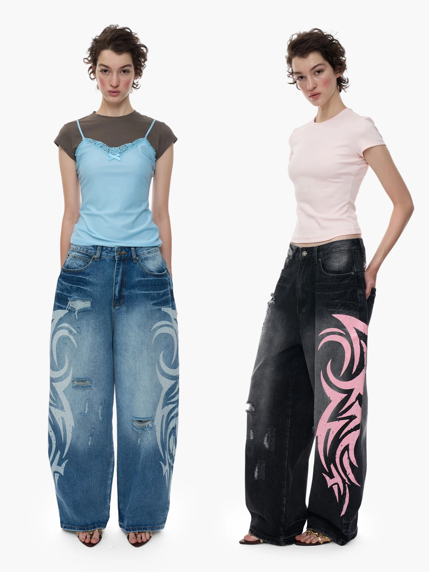 Y2K Millennial Hot Girl Print Ripped Wide Legs Loose Jeans Women's Hippie Rebellious Wandering Casual Jeans