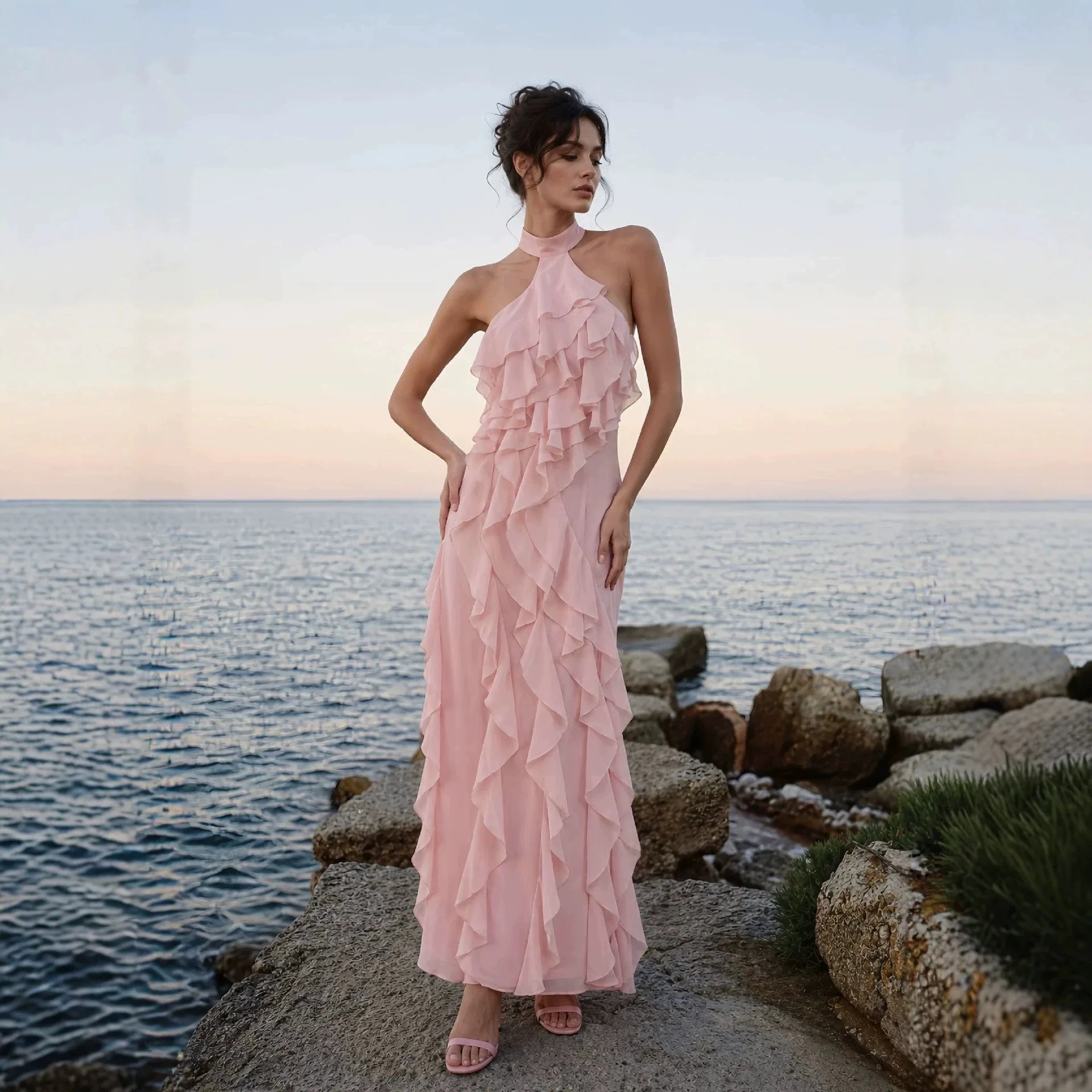Pink Sexy Backless Halter Dress Sleeveless Off-Shoulder Multi-Layer Ruffles Slim Fit for Beach Holiday Evening Party Club