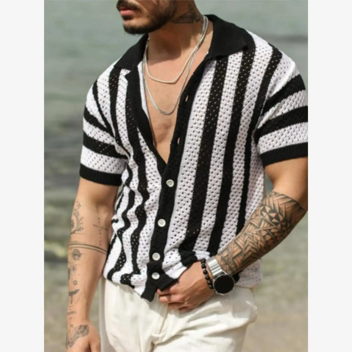 New 2025 Men's Casual Loose Hollow Stripe  Shirt Short Sleeve T-Shirt City Walk Cool Feeling Thickened Cotton Clean Fit