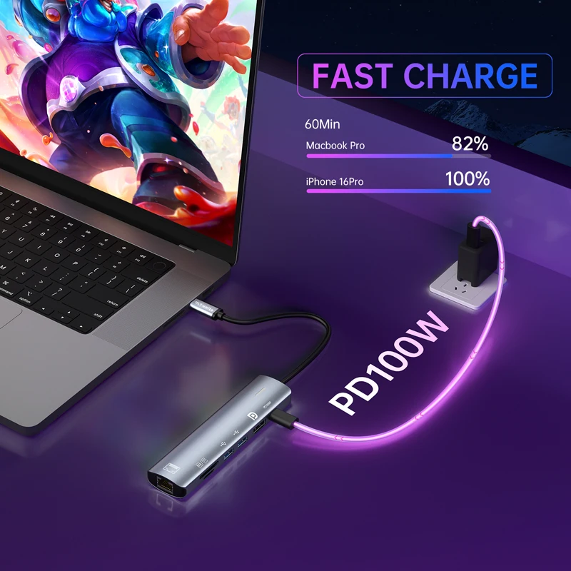 HUB tipo C com Displayport 1.4, PD100W, Ethernet 100Mbps, multiporta SD/TF 7 em 1 USB para adaptador dongle de estação de acoplamento DP