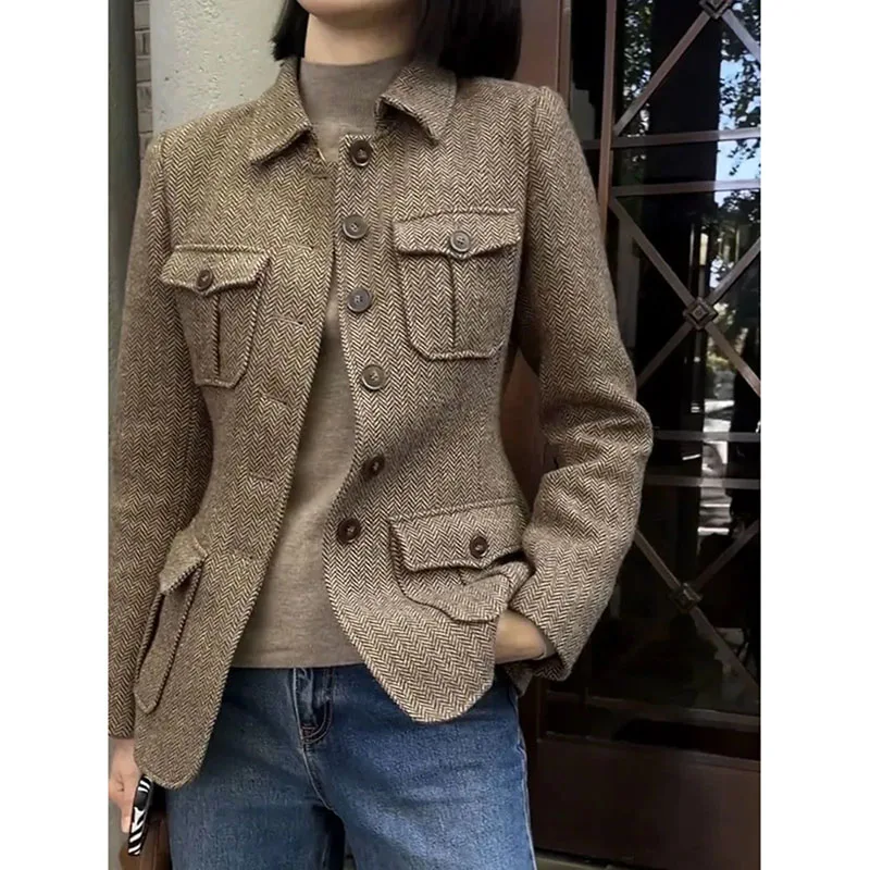 2026 Spring Autumn Women's Woolen Workwear Short Jacket Women's New Retro Jacket Warm Outer Top Slimming Wool Blazer Coffee