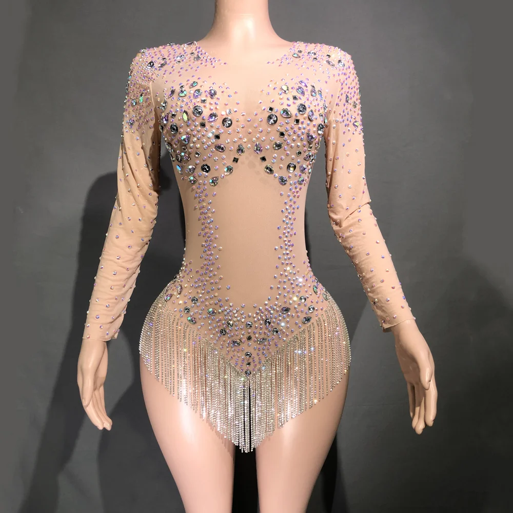 Sparkly Rhinestones Chains Bodysuit Dance Costume Long Sleeve See Through Nightclub Outfit Sexy Leotard Party Show Stage Wear