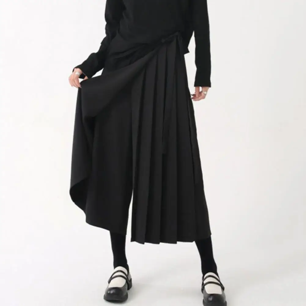 Women Pants Dark Style Black Pleated Fake Two-piece Culottes Irregular High Street Loose Wide Leg Casual Culottes