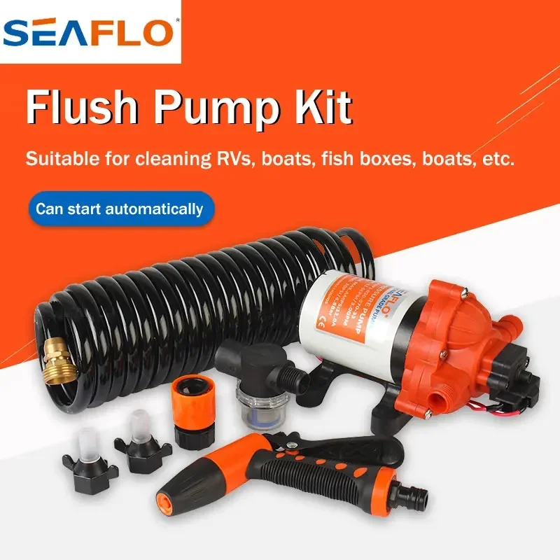 Seaflo RV Washdown Pump Kit Deck flushing 33/51 Series With 6M Coiled Hose Trigger DC High Pressure Water Pump For Car Washing