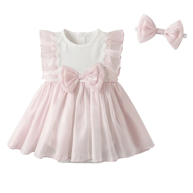 Summer Bodysuits Sets Baby Girl Clothes 0 To 6Months Korean Pink Cute Bow Mesh Princess Sleeveless Jumpsuits Newborn Items B192