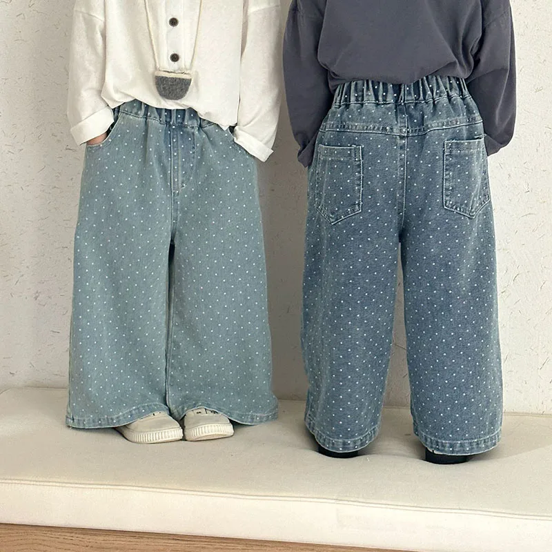 

MILANCEL Baby Children's Jeans 1-8Y New Spring Girls Polka Dot Wide Leg Pants Loose Boys Straight Pants Kid's Outdoor Trousers