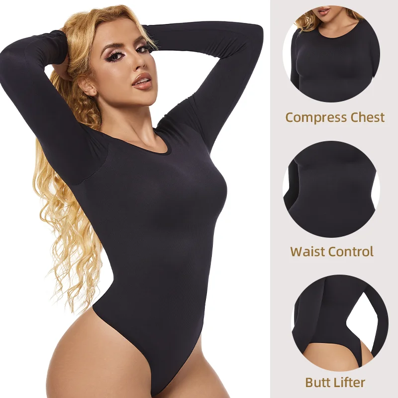 Bodysuits Shapewear for Women Thong Shaper Corsets Long Sleeve Seamless Waist Trainer O Neck BodySuit Stretch Basic T Shirt Tops