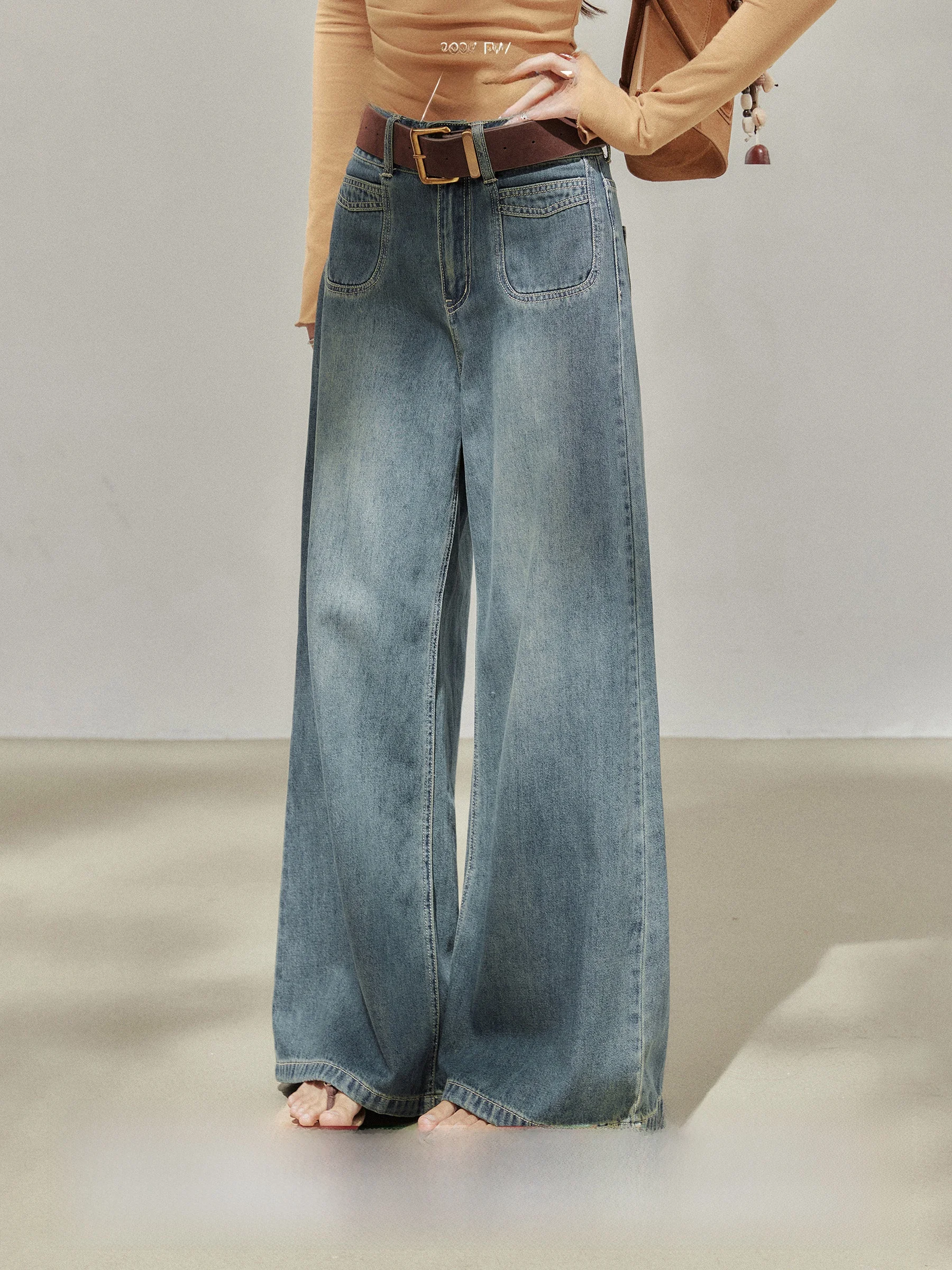 

Женские джинсы с высокой талией и широкими штанинами, свободного кроя, темно-синие, прямые, повседневные, осенние