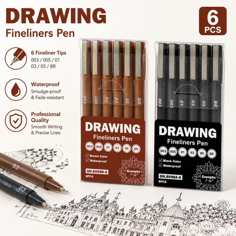 6/12PCS Fineliner Pens Set, Black/Brown Ink Pens with 0.03-0.5mm Tips and Brush Tip, Waterproof