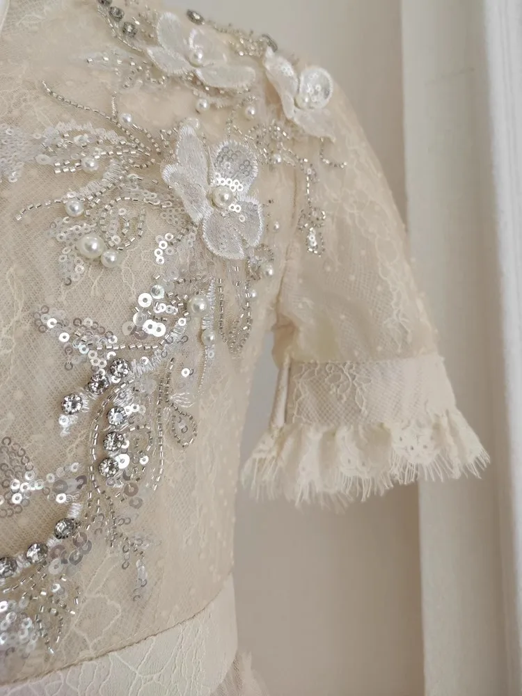 Damasco elegante vestido em camadas feminino miçangas rendas retalhos streetwear vestidos o pescoço pista design roupas de festa de férias senhora