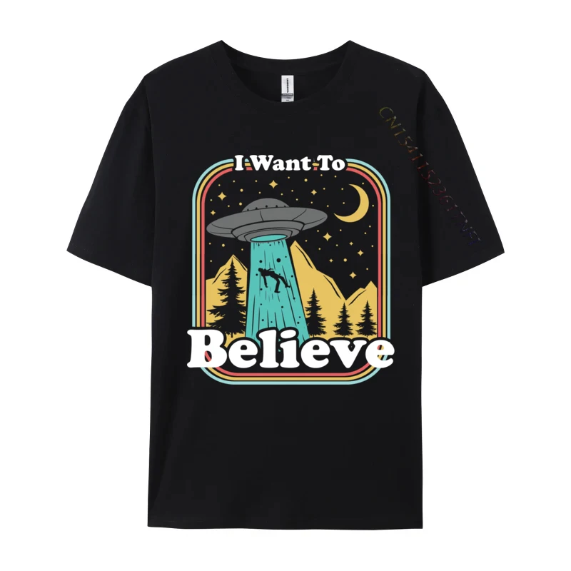 Funny Ufo Abduction 70s 80s Retro Alien I Want To Believe Printed Luxury Designer T-Shirts Pure Cotton Man Top T-Shirt