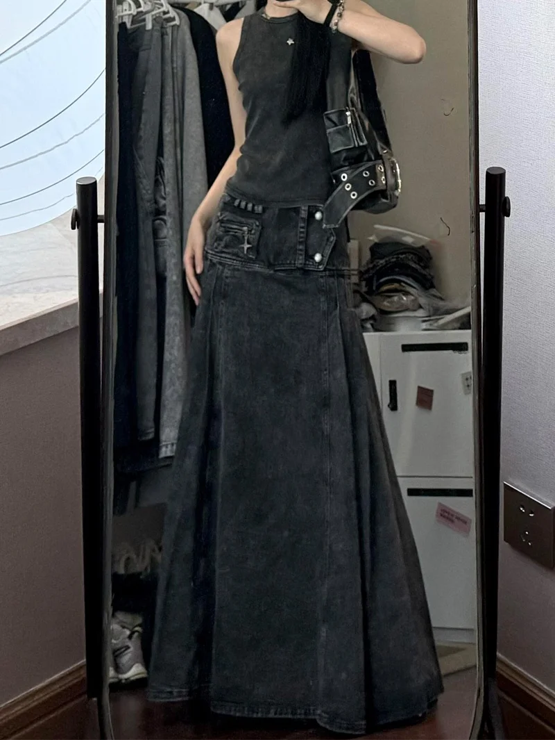 レトロなウェイドAラインワークスカート レディース サマー2025 Y2K ミレニアム スレ ホットガールデザイン ロングスカート ハイウエスト デニム生地