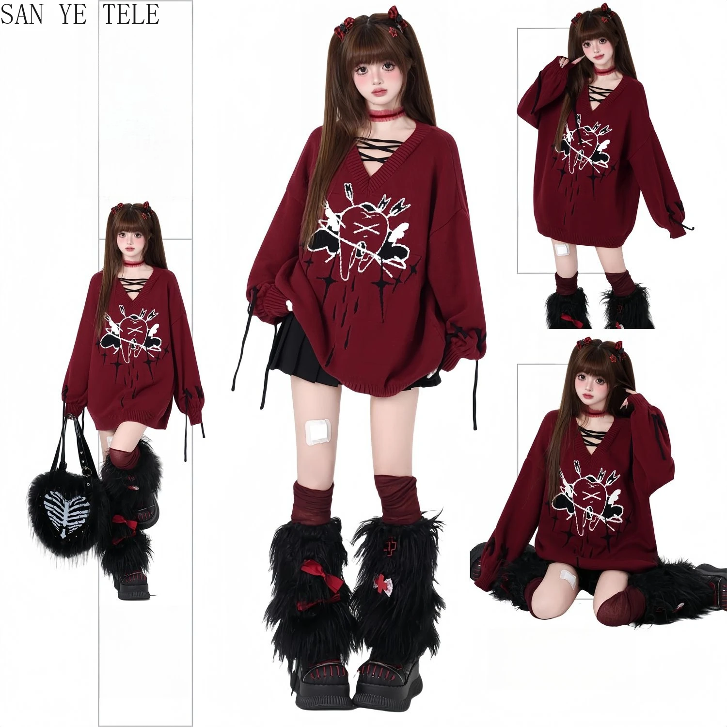 

Subculture Sweet V-neck Casual Loose Tops Pullover Sweater Long Sleeve Autumn Winter Women Harajuku Grunge 2000s Y2k Female