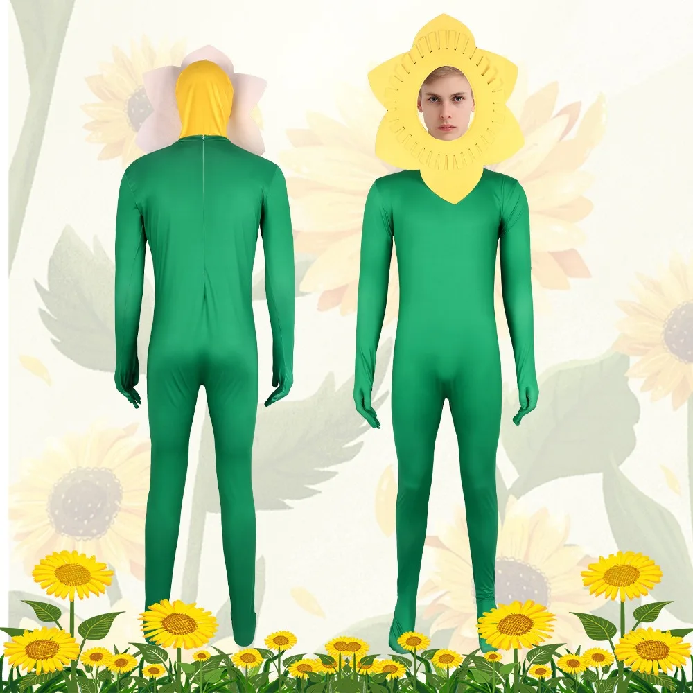 Sunflower Jumpsuit Mask Suit Carnival Spoof Costume Funny Parody Plant Halloween Costume Kids Girl Boy Role Play Cosplay Costume