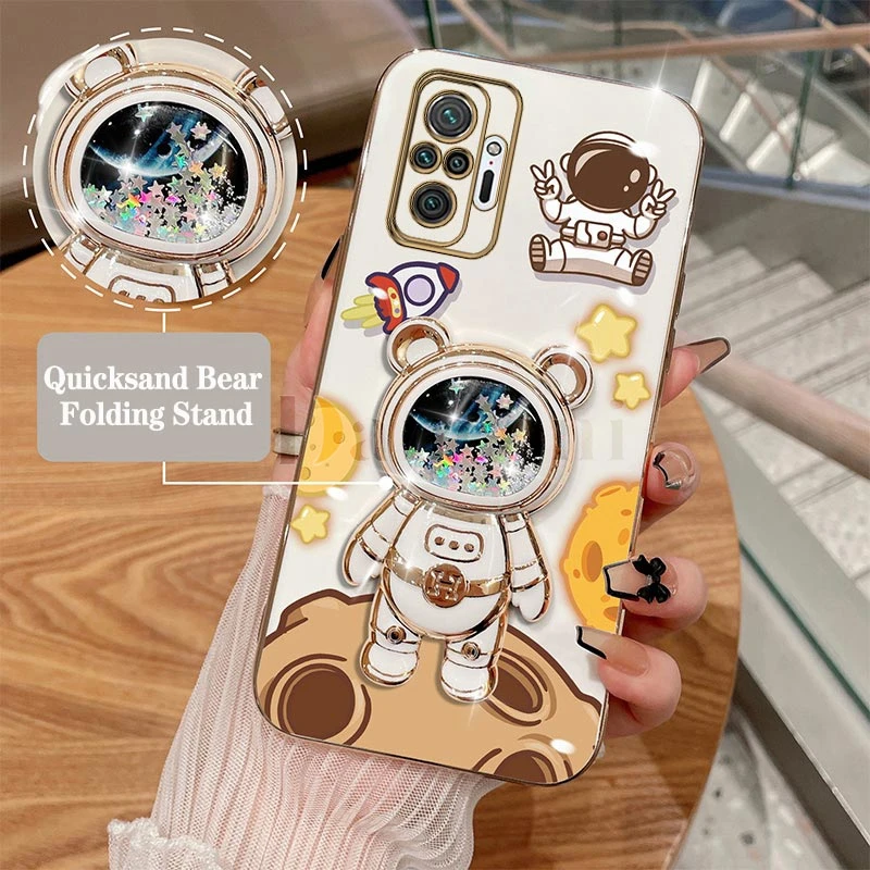 Cheering astronauts Plating Phone Holder Case For Xiaomi Redmi Note 10 10S 10T 11Pro 10Pro 11 9 9Pro 11S 9T 8 8 Pro 7 Pro Cover