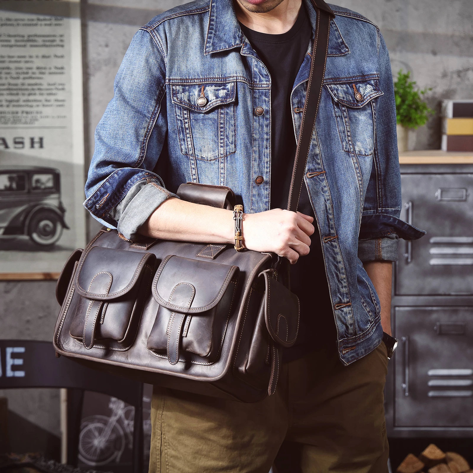 S.WORKER Vintage Echtleder Herren-Aktentasche 14" Laptop-Tasche Crazy Horse Leder Messenger-Handtasche Rindsleder Geschenkidee für Männer – Detail 3