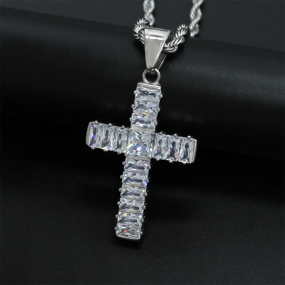 Anztilam Baguettes Zircon Cross No Fade 316L Stainless Steel Iced Out Pendant with Long Link Chain Necklaces Hip Hop Jewelry