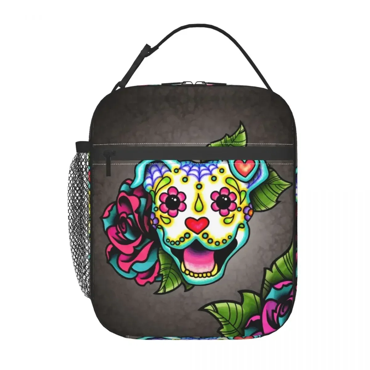 Smiling Pit Bull In White Insulated Lunch Tote Bag Day of the Dead Pitbull Skull Dog Terrier Portable Thermal Cooler Bento Box