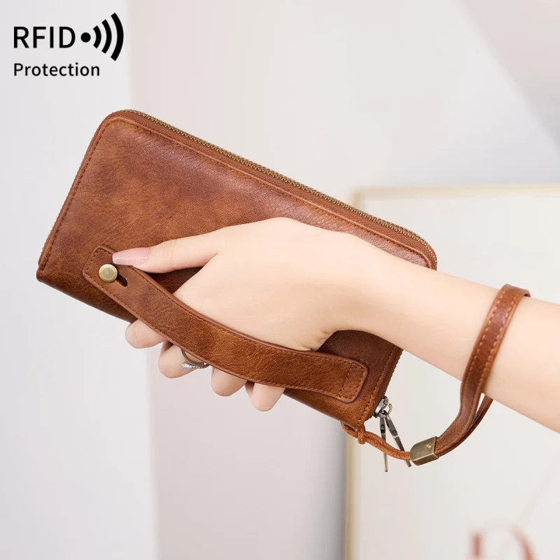 Western Multi Functional Anti-theft Brush PU Leather Women Wallet Fashion Double Zipper Large Capacity Purse for Ladies