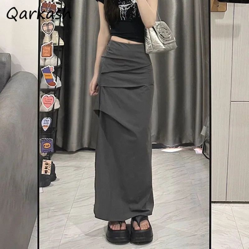 

Skirts Women High Waist Korean Trendy Slim Hot Girl Pleated Side Slit Wrap Hip Mid-length Casual Workwear Solid OL All-match