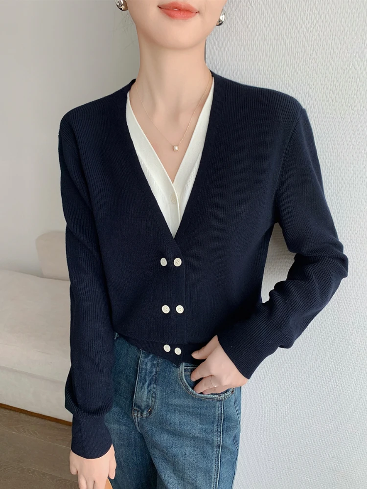 Navy Blue Fake 2-Pieces Color Block V-neck Knitted Cardigan Long-sleeved Double-breasted Sweater Jacket Autumn Women Outerwear