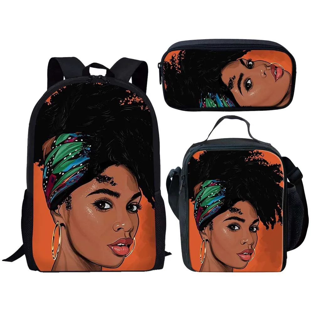 Cartoon Novelty Cool black African Girls 3D Print 3pcs/Set pupil School Bags Laptop Daypack Backpack Lunch bag Pencil Case
