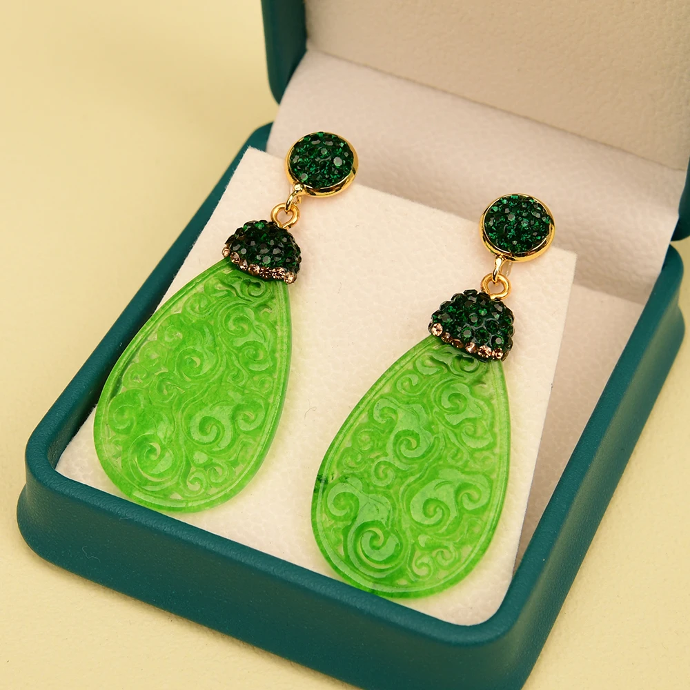 GG Green Jade Rhinstone Pave Green Crystal Danlge Earrings Fashion Jewelry Wedding Earrings