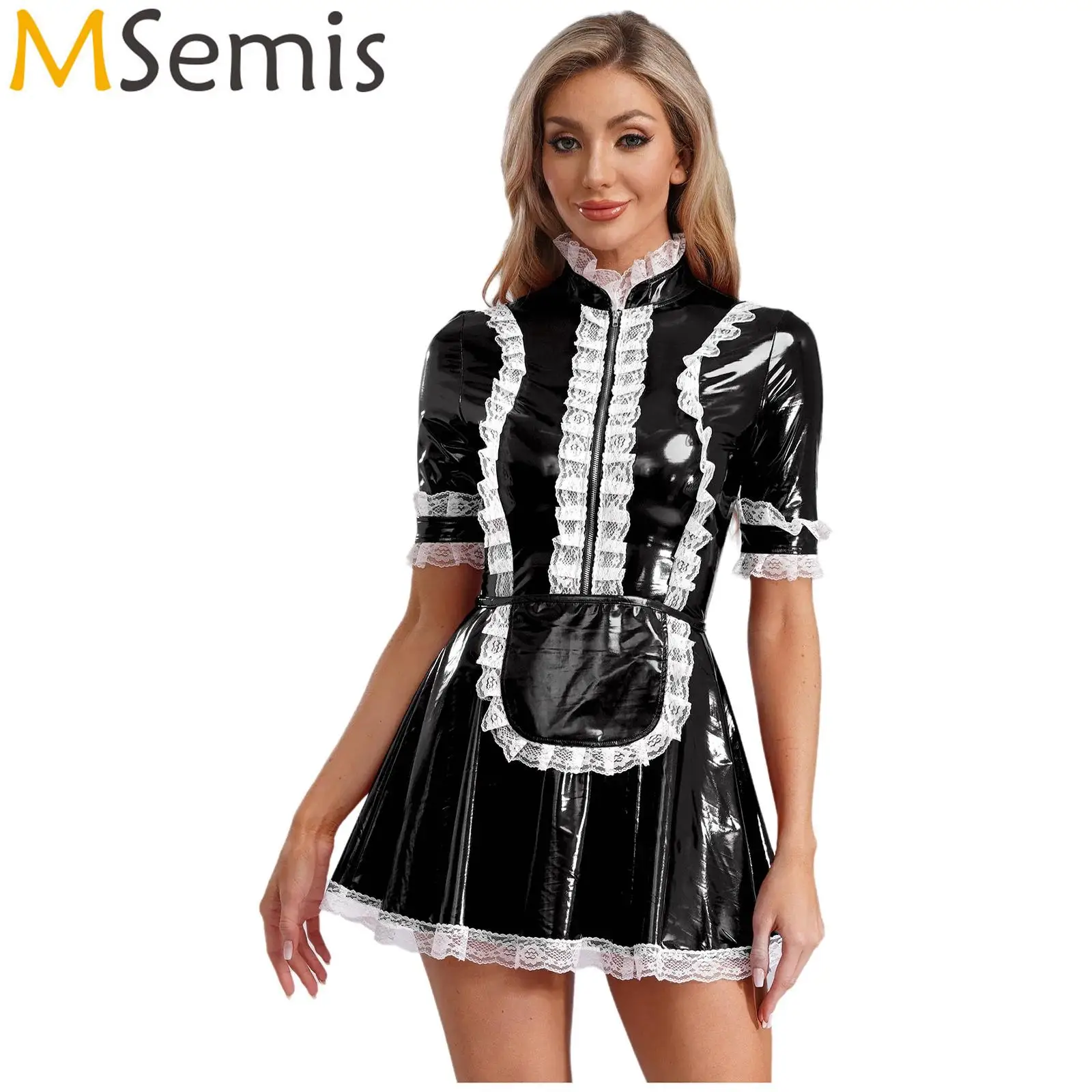 Womens Cafe Maid Servant Cosplay Party Costume Sexy French Maid Patent Leather Lace Trim Latex Dress with Apron Uniform