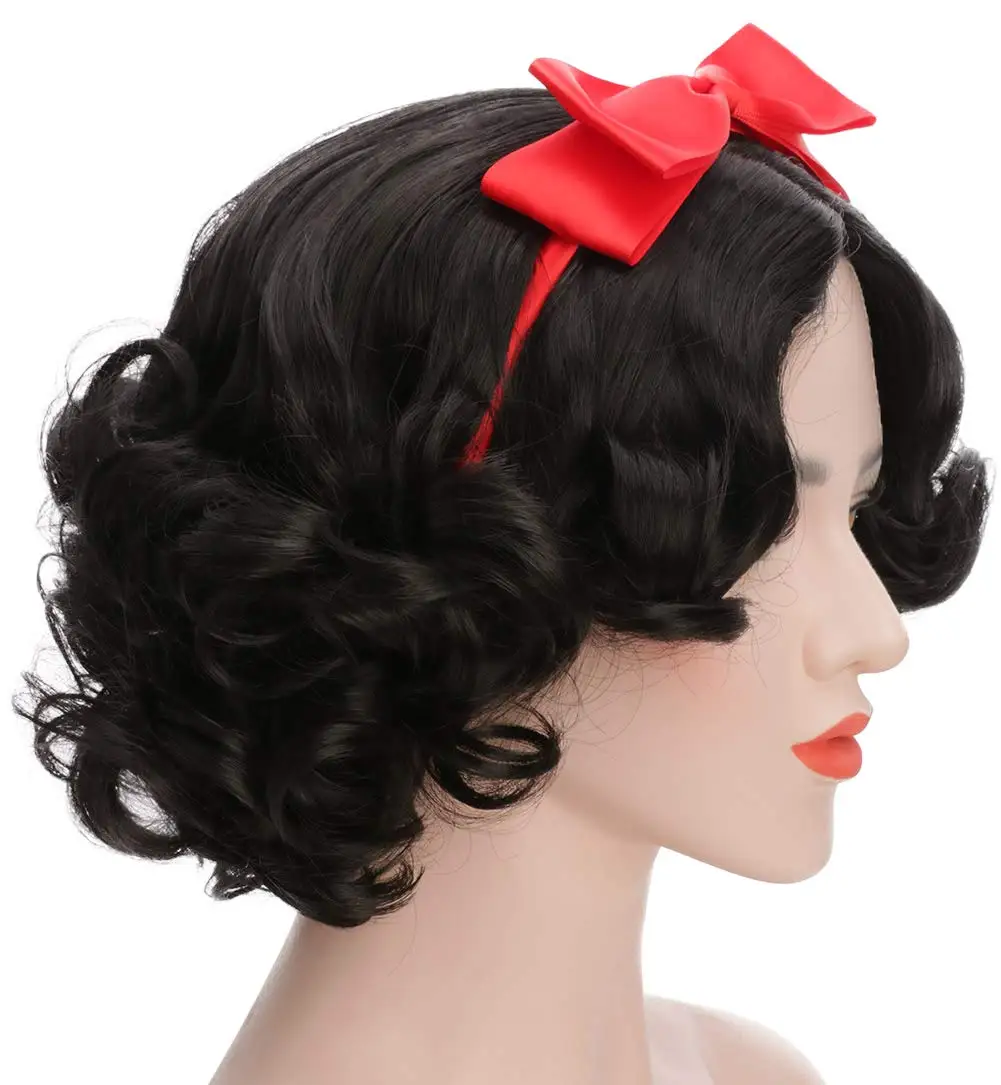Snow White Princess Girls  Adult Women Short Bob Wave Black Cosplay Wig Halloween Costume Wig Anime Party Wig