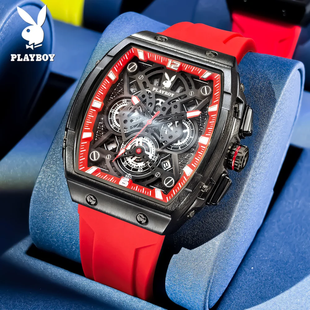 PLAYBOY 3087 Original Quartz Movement Watch Brand Barrel-shaped Luminous Function Silicone Strap Traditional Style Watch For Men