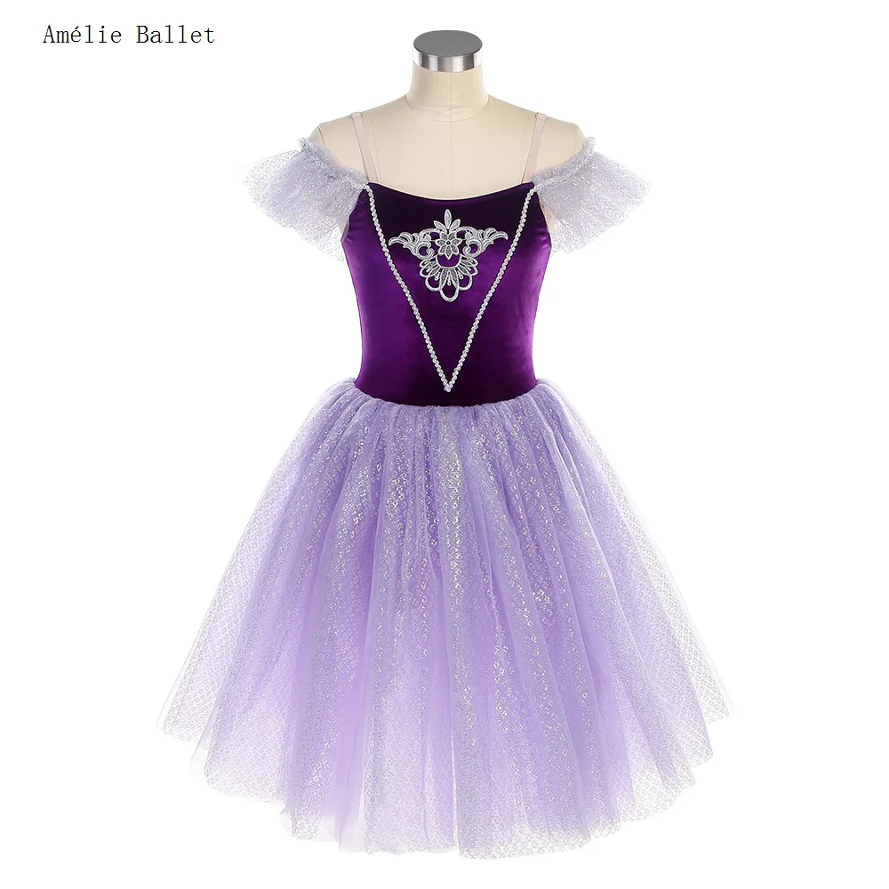 23167 Off-the-Shoulder Purple Velvet Top Bodice Ballet Tutu Romantic Dance Costumes for Girls and Women Performance Dance Dress