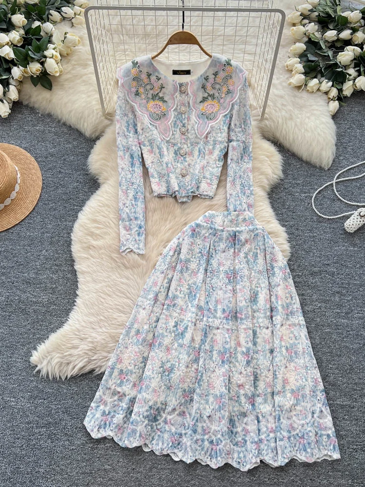 

Весенне-осенний женский комплект с кружевной полуюбкой, новый комплект из двух предметов во французском стиле, милый полый кружевной топ с вышивкой, S245