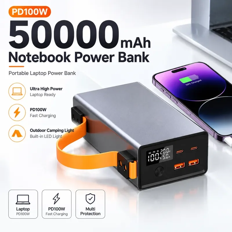 for PD 100W Portable Laptop Power Bank 50000mAh Ultra High Power Fast Charging Battery Pack With Outdoor Camping Light